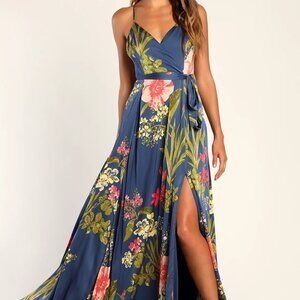 Lulus Still The One Blue Floral Print Satin Maxi Dress - Size L